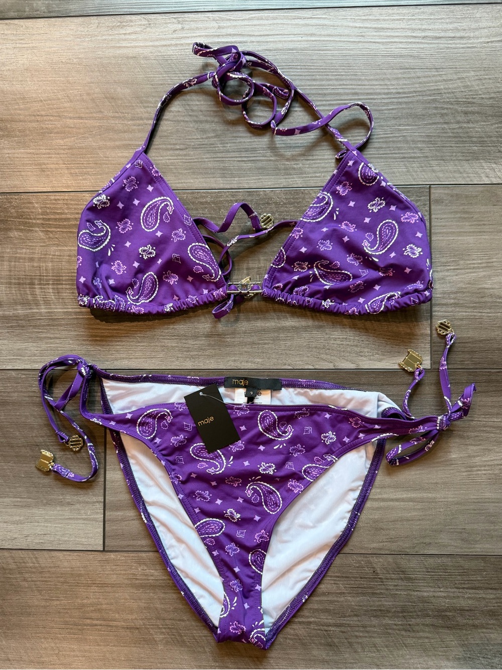 Maje Purple Paisley Triangle Tie Bikini 3 large - Picture 5 of 5